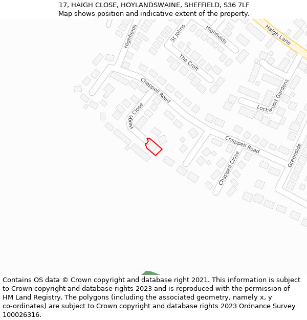 17, HAIGH CLOSE, HOYLANDSWAINE, SHEFFIELD, S36 7LF: Location map and indicative extent of plot