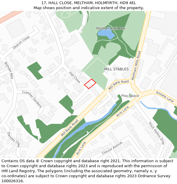17, HALL CLOSE, MELTHAM, HOLMFIRTH, HD9 4EL: Location map and indicative extent of plot