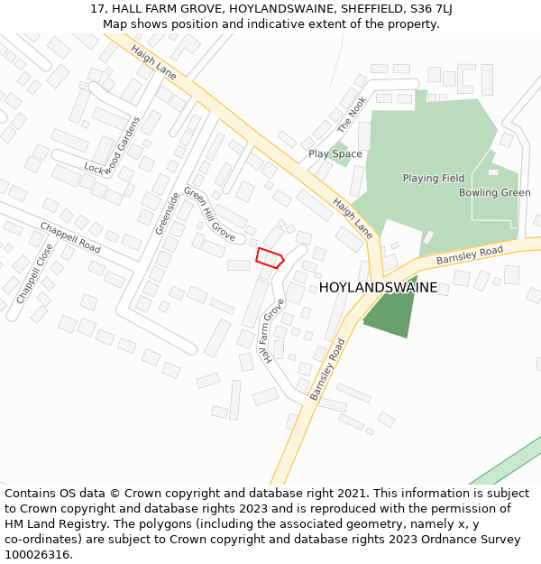 17, HALL FARM GROVE, HOYLANDSWAINE, SHEFFIELD, S36 7LJ: Location map and indicative extent of plot