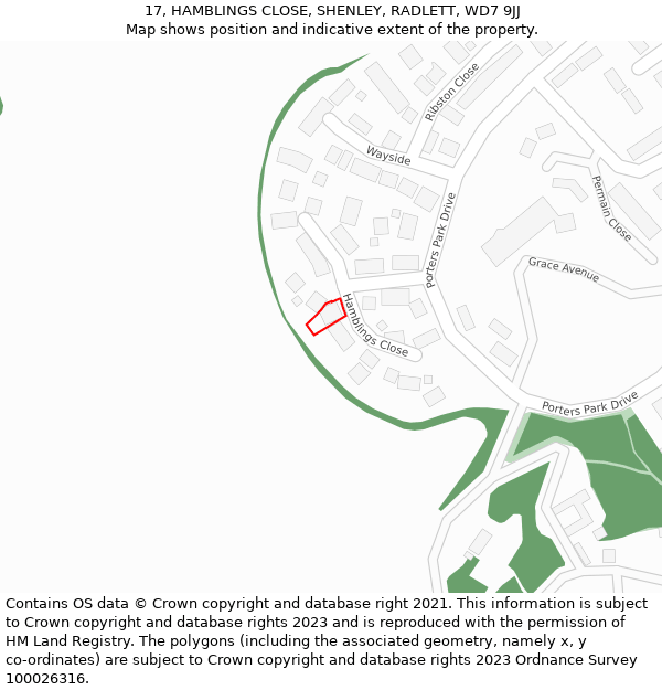 17, HAMBLINGS CLOSE, SHENLEY, RADLETT, WD7 9JJ: Location map and indicative extent of plot