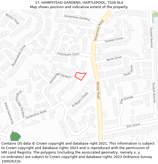 17, HAMPSTEAD GARDENS, HARTLEPOOL, TS26 0LX: Location map and indicative extent of plot