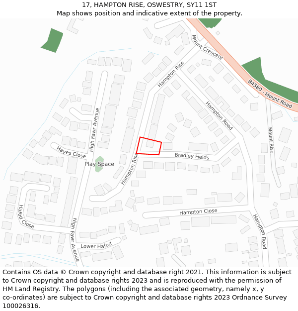 17, HAMPTON RISE, OSWESTRY, SY11 1ST: Location map and indicative extent of plot