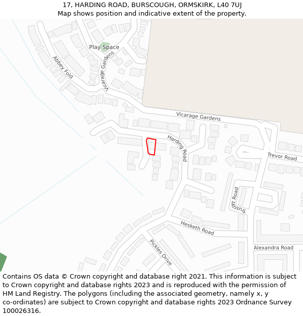 17, HARDING ROAD, BURSCOUGH, ORMSKIRK, L40 7UJ: Location map and indicative extent of plot