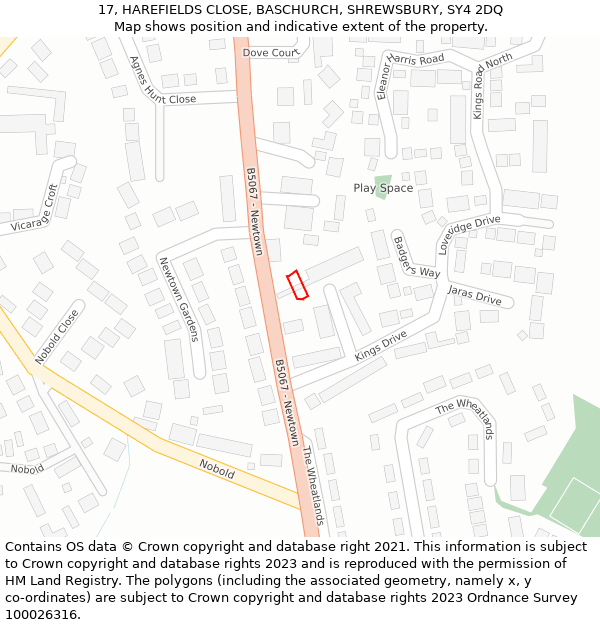 17, HAREFIELDS CLOSE, BASCHURCH, SHREWSBURY, SY4 2DQ: Location map and indicative extent of plot