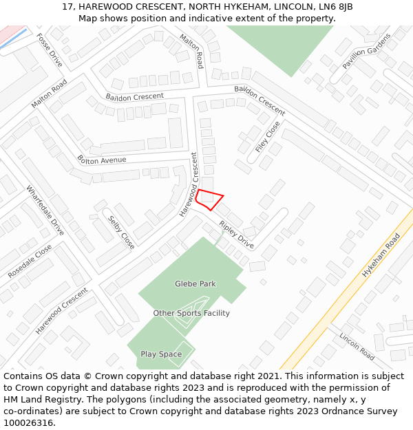 17, HAREWOOD CRESCENT, NORTH HYKEHAM, LINCOLN, LN6 8JB: Location map and indicative extent of plot