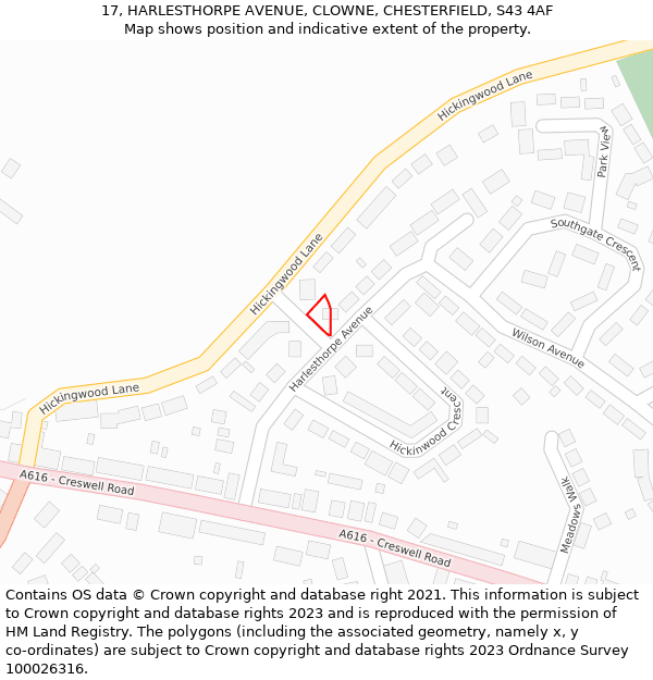 17, HARLESTHORPE AVENUE, CLOWNE, CHESTERFIELD, S43 4AF: Location map and indicative extent of plot