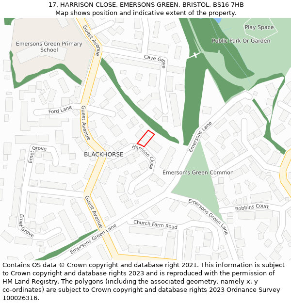 17, HARRISON CLOSE, EMERSONS GREEN, BRISTOL, BS16 7HB: Location map and indicative extent of plot