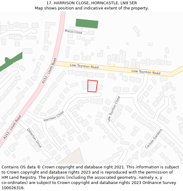 17, HARRISON CLOSE, HORNCASTLE, LN9 5ER: Location map and indicative extent of plot