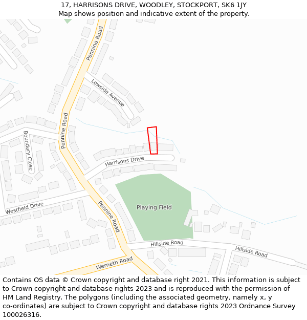 17, HARRISONS DRIVE, WOODLEY, STOCKPORT, SK6 1JY: Location map and indicative extent of plot