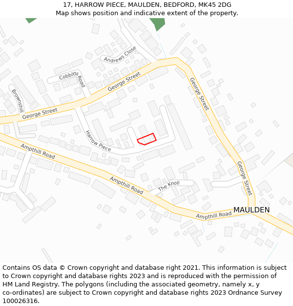 17, HARROW PIECE, MAULDEN, BEDFORD, MK45 2DG: Location map and indicative extent of plot