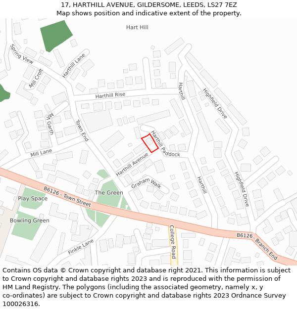 17, HARTHILL AVENUE, GILDERSOME, LEEDS, LS27 7EZ: Location map and indicative extent of plot