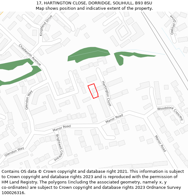 17, HARTINGTON CLOSE, DORRIDGE, SOLIHULL, B93 8SU: Location map and indicative extent of plot