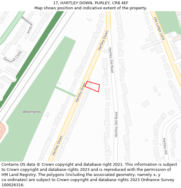 17, HARTLEY DOWN, PURLEY, CR8 4EF: Location map and indicative extent of plot