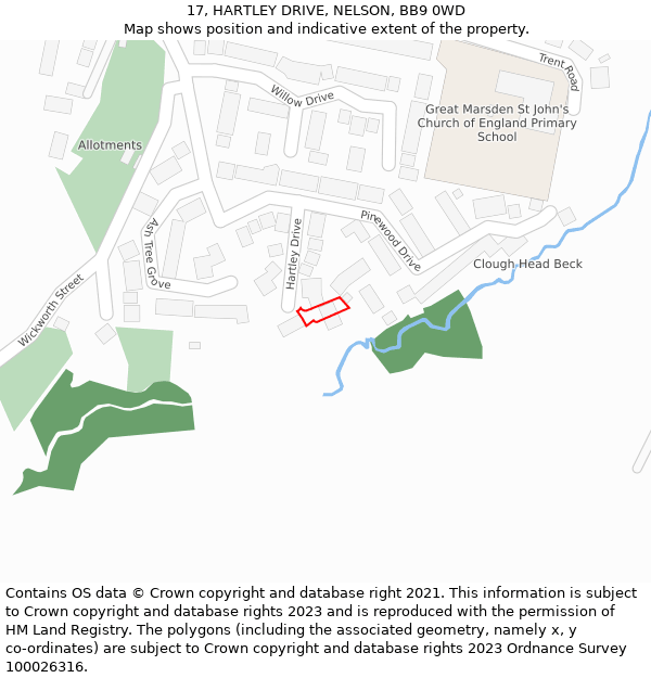 17, HARTLEY DRIVE, NELSON, BB9 0WD: Location map and indicative extent of plot