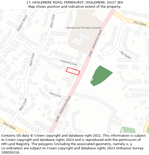 17, HASLEMERE ROAD, FERNHURST, HASLEMERE, GU27 3EA: Location map and indicative extent of plot