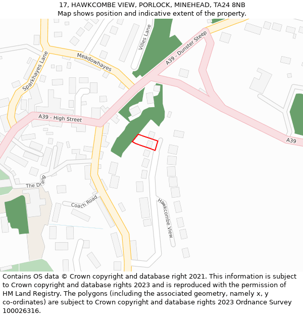 17, HAWKCOMBE VIEW, PORLOCK, MINEHEAD, TA24 8NB: Location map and indicative extent of plot