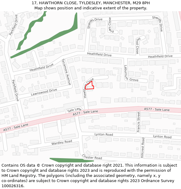 17, HAWTHORN CLOSE, TYLDESLEY, MANCHESTER, M29 8PH: Location map and indicative extent of plot