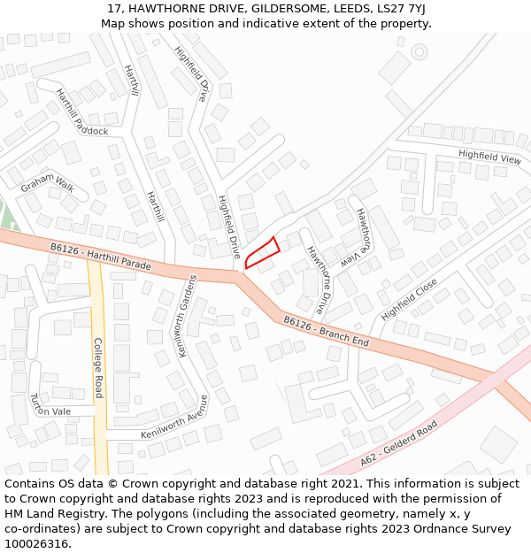 17, HAWTHORNE DRIVE, GILDERSOME, LEEDS, LS27 7YJ: Location map and indicative extent of plot