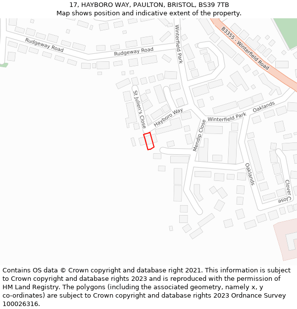 17, HAYBORO WAY, PAULTON, BRISTOL, BS39 7TB: Location map and indicative extent of plot