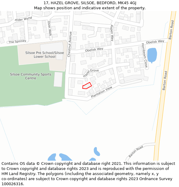 17, HAZEL GROVE, SILSOE, BEDFORD, MK45 4GJ: Location map and indicative extent of plot