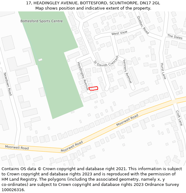 17, HEADINGLEY AVENUE, BOTTESFORD, SCUNTHORPE, DN17 2GL: Location map and indicative extent of plot