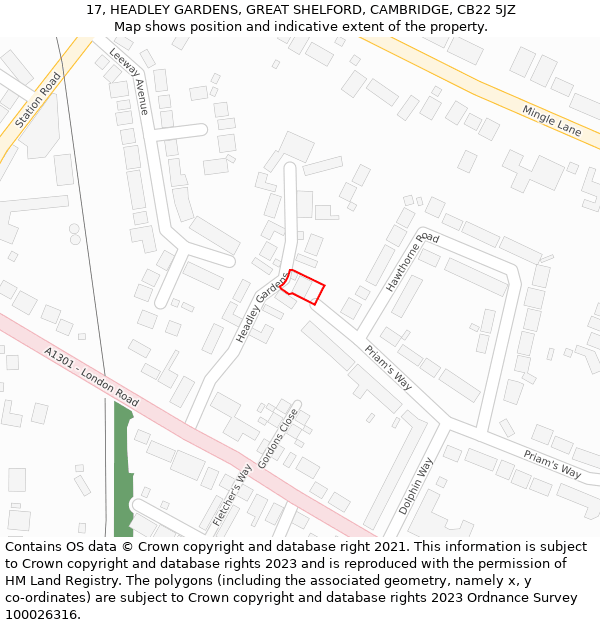 17, HEADLEY GARDENS, GREAT SHELFORD, CAMBRIDGE, CB22 5JZ: Location map and indicative extent of plot