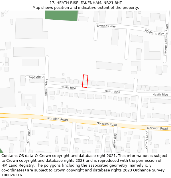17, HEATH RISE, FAKENHAM, NR21 8HT: Location map and indicative extent of plot
