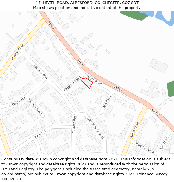 17, HEATH ROAD, ALRESFORD, COLCHESTER, CO7 8DT: Location map and indicative extent of plot