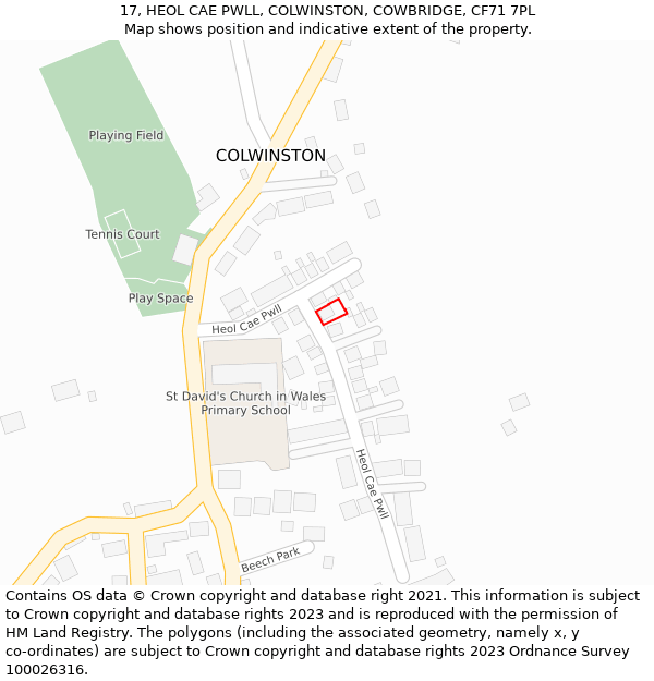 17, HEOL CAE PWLL, COLWINSTON, COWBRIDGE, CF71 7PL: Location map and indicative extent of plot