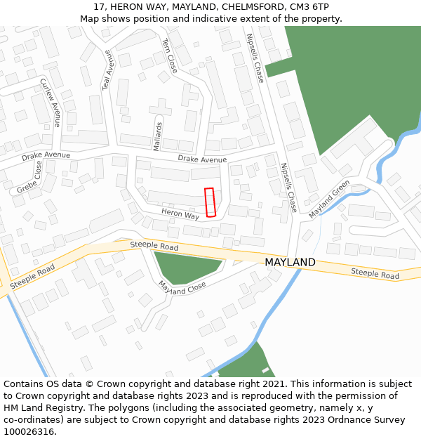 17, HERON WAY, MAYLAND, CHELMSFORD, CM3 6TP: Location map and indicative extent of plot