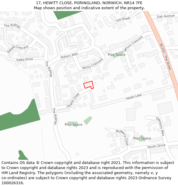 17, HEWITT CLOSE, PORINGLAND, NORWICH, NR14 7FE: Location map and indicative extent of plot