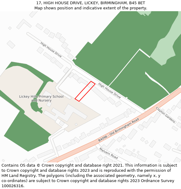 17, HIGH HOUSE DRIVE, LICKEY, BIRMINGHAM, B45 8ET: Location map and indicative extent of plot