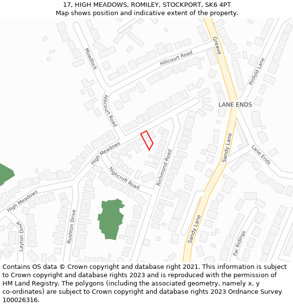 17, HIGH MEADOWS, ROMILEY, STOCKPORT, SK6 4PT: Location map and indicative extent of plot