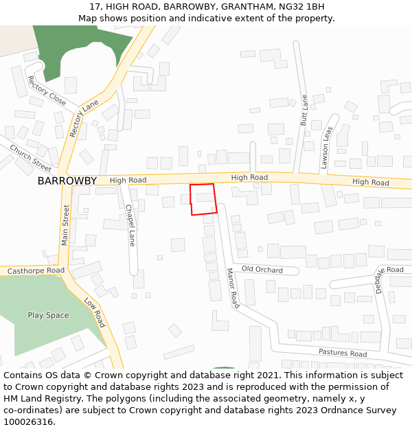 17, HIGH ROAD, BARROWBY, GRANTHAM, NG32 1BH: Location map and indicative extent of plot