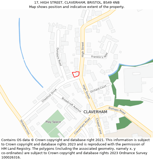 17, HIGH STREET, CLAVERHAM, BRISTOL, BS49 4NB: Location map and indicative extent of plot