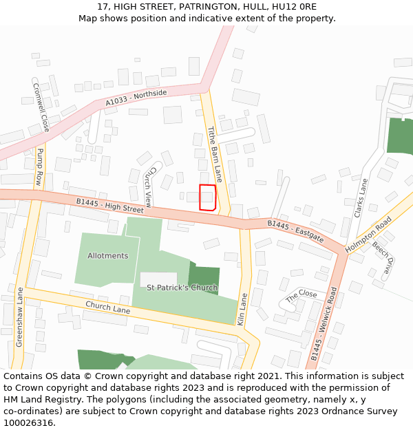 17, HIGH STREET, PATRINGTON, HULL, HU12 0RE: Location map and indicative extent of plot