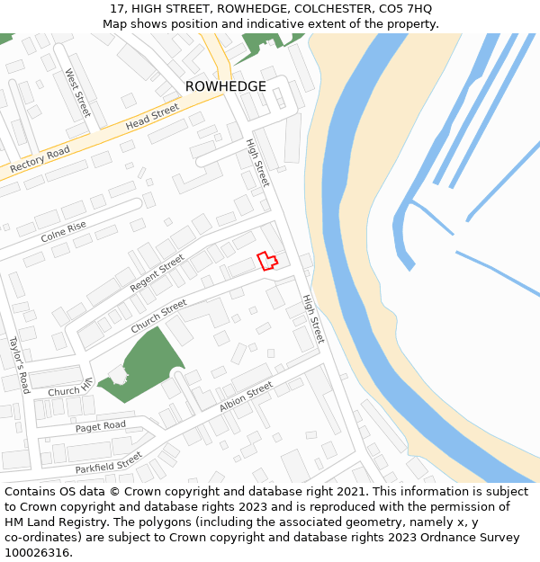 17, HIGH STREET, ROWHEDGE, COLCHESTER, CO5 7HQ: Location map and indicative extent of plot