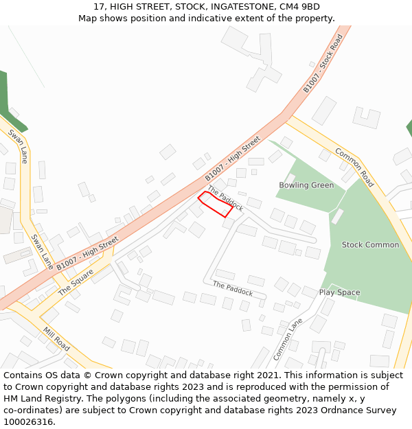 17, HIGH STREET, STOCK, INGATESTONE, CM4 9BD: Location map and indicative extent of plot