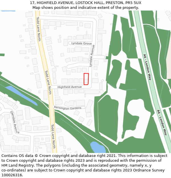 17, HIGHFIELD AVENUE, LOSTOCK HALL, PRESTON, PR5 5UX: Location map and indicative extent of plot