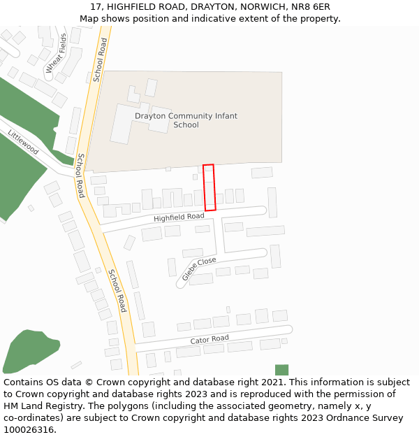 17, HIGHFIELD ROAD, DRAYTON, NORWICH, NR8 6ER: Location map and indicative extent of plot