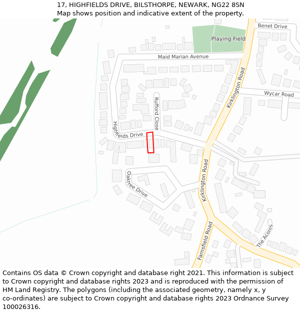 17, HIGHFIELDS DRIVE, BILSTHORPE, NEWARK, NG22 8SN: Location map and indicative extent of plot