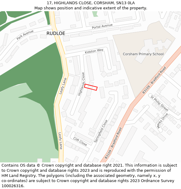 17, HIGHLANDS CLOSE, CORSHAM, SN13 0LA: Location map and indicative extent of plot