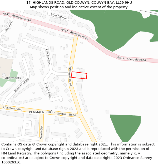 17, HIGHLANDS ROAD, OLD COLWYN, COLWYN BAY, LL29 9HU: Location map and indicative extent of plot
