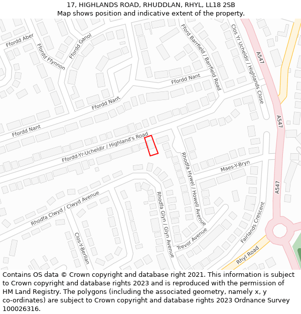 17, HIGHLANDS ROAD, RHUDDLAN, RHYL, LL18 2SB: Location map and indicative extent of plot