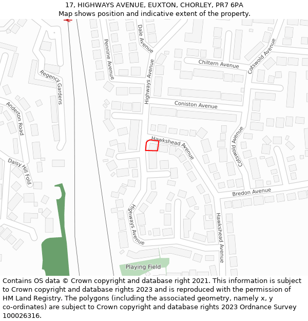 17, HIGHWAYS AVENUE, EUXTON, CHORLEY, PR7 6PA: Location map and indicative extent of plot