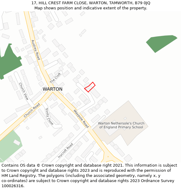 17, HILL CREST FARM CLOSE, WARTON, TAMWORTH, B79 0JQ: Location map and indicative extent of plot