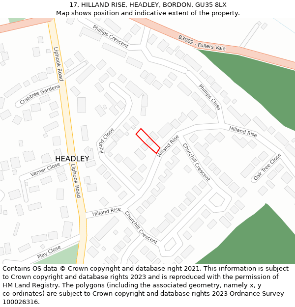 17, HILLAND RISE, HEADLEY, BORDON, GU35 8LX: Location map and indicative extent of plot