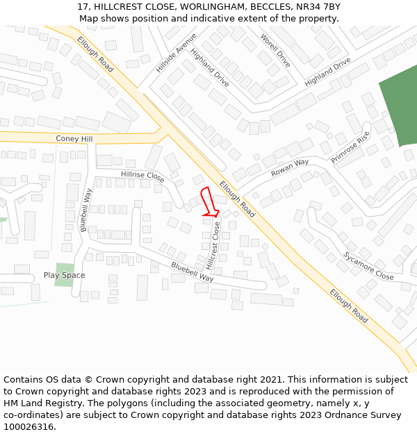 17, HILLCREST CLOSE, WORLINGHAM, BECCLES, NR34 7BY: Location map and indicative extent of plot