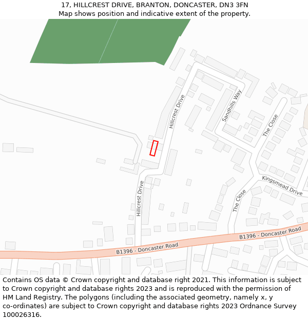 17, HILLCREST DRIVE, BRANTON, DONCASTER, DN3 3FN: Location map and indicative extent of plot