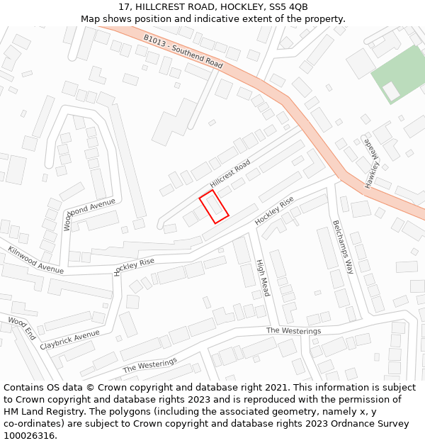 17, HILLCREST ROAD, HOCKLEY, SS5 4QB: Location map and indicative extent of plot